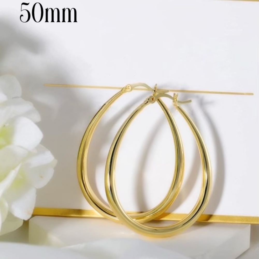14K Yellow Gold Oval Wide Bottom Drop Hoop Earrings, 50mm